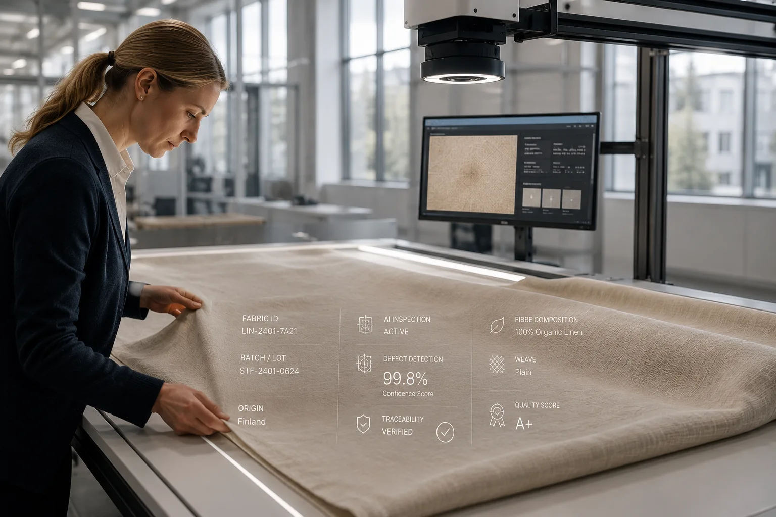 A quality engineer inspecting linen under an AI-assisted vision system reporting a 99.8% confidence score.