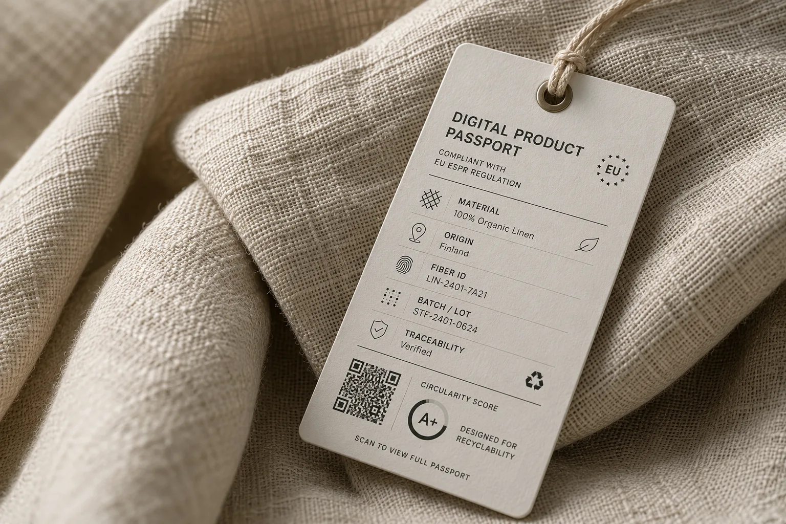 A Digital Product Passport hang-tag on organic linen showing material, origin, fiber ID and an A+ circularity score with a QR code.
