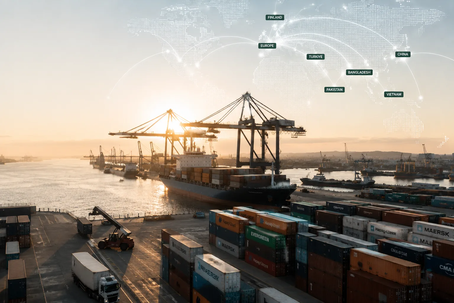 A container port at golden hour overlaid with a network map linking Finland, Europe, Türkiye, Bangladesh, China, Vietnam and Pakistan.