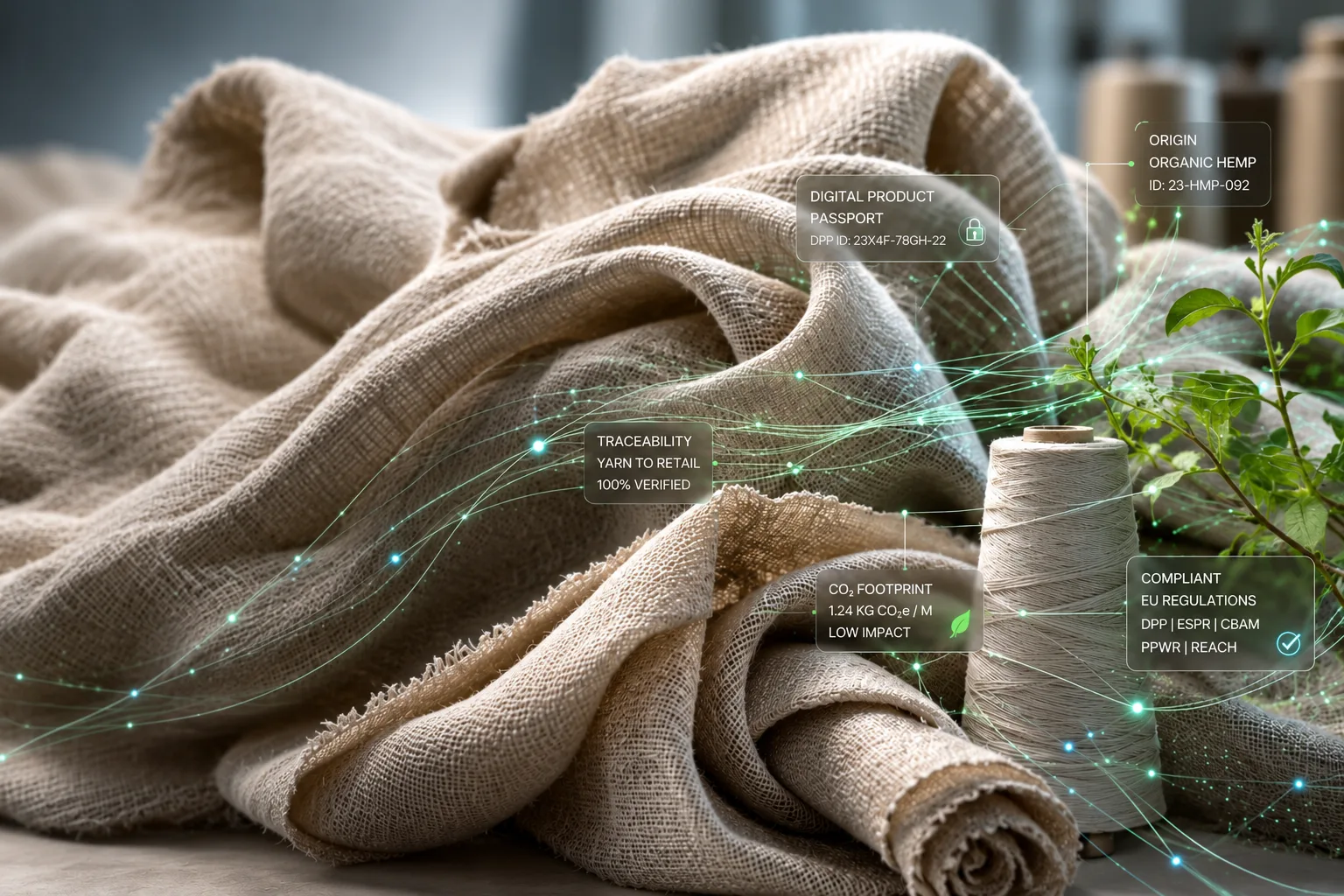 Natural linen textile mapped with a live Digital Product Passport — origin, traceability, carbon footprint and EU compliance data.