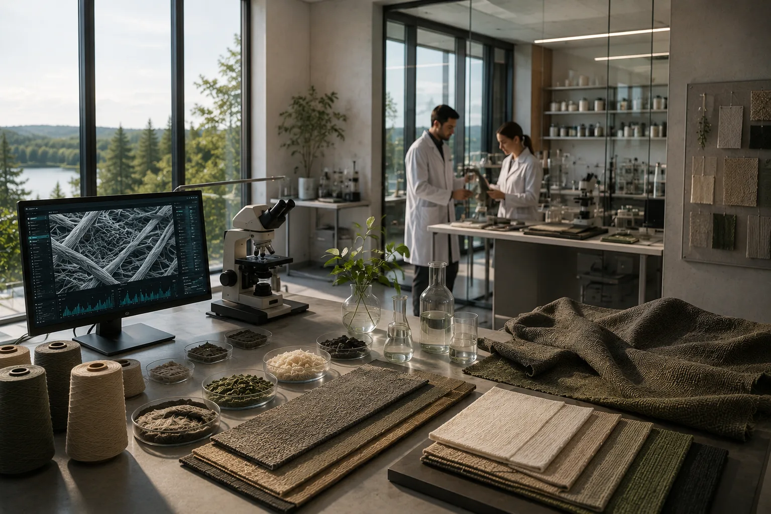 A Scandinavian materials-research lab with fabric swatches, yarn cones, petri samples and fiber analysis on screen, forest visible through the windows.