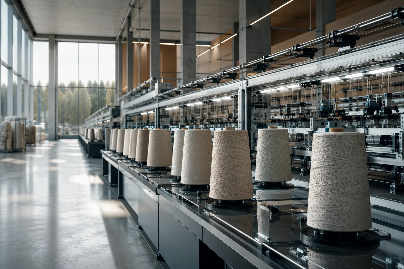 A bright Scandinavian textile mill with rows of natural yarn cones on an automated line, forest visible through floor-to-ceiling glass.